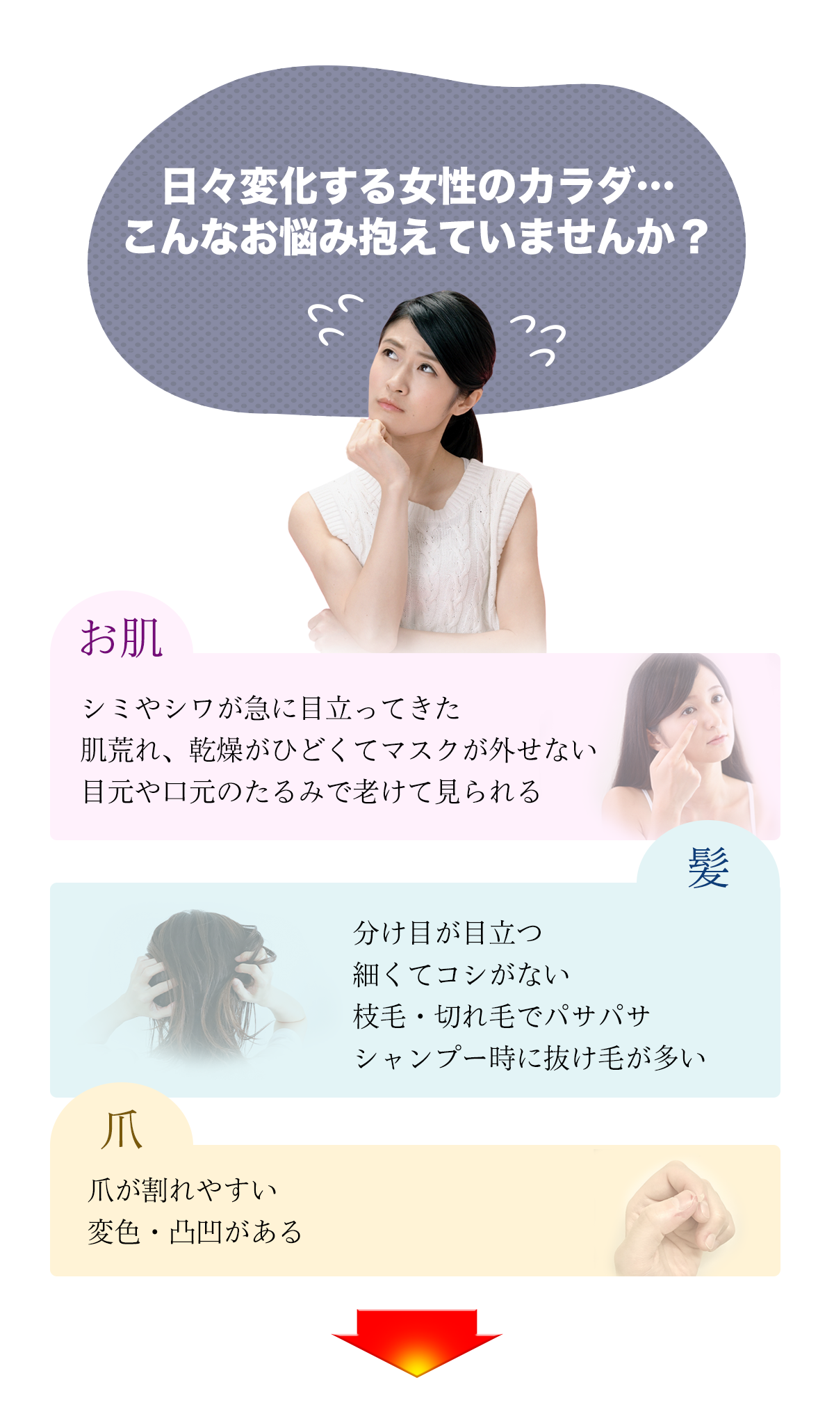 日々変化する女性のカラダ…
こんなお悩み抱えていませんか？